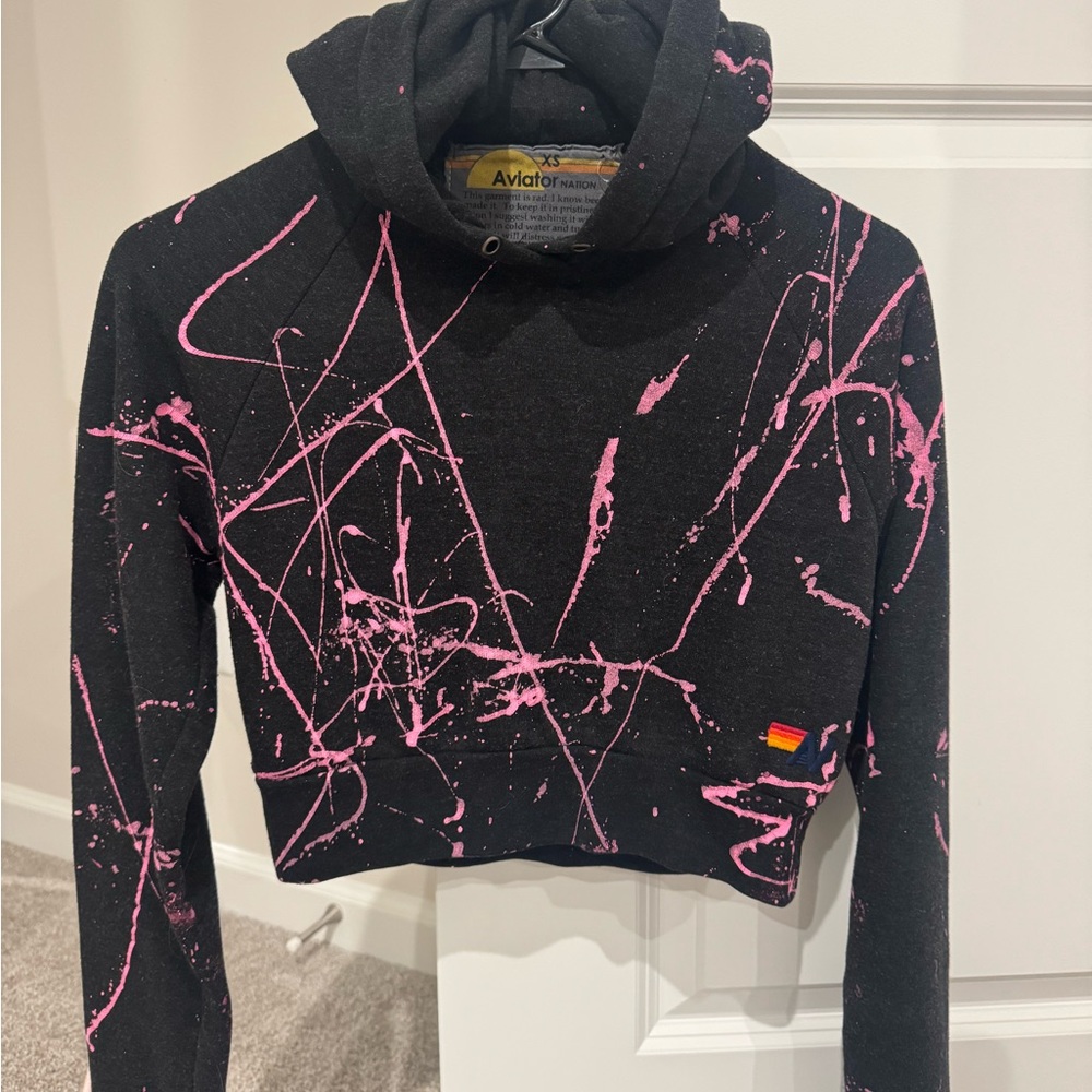 Aviator Nation Black Hoodie with Pink Splatter Like New XS crop